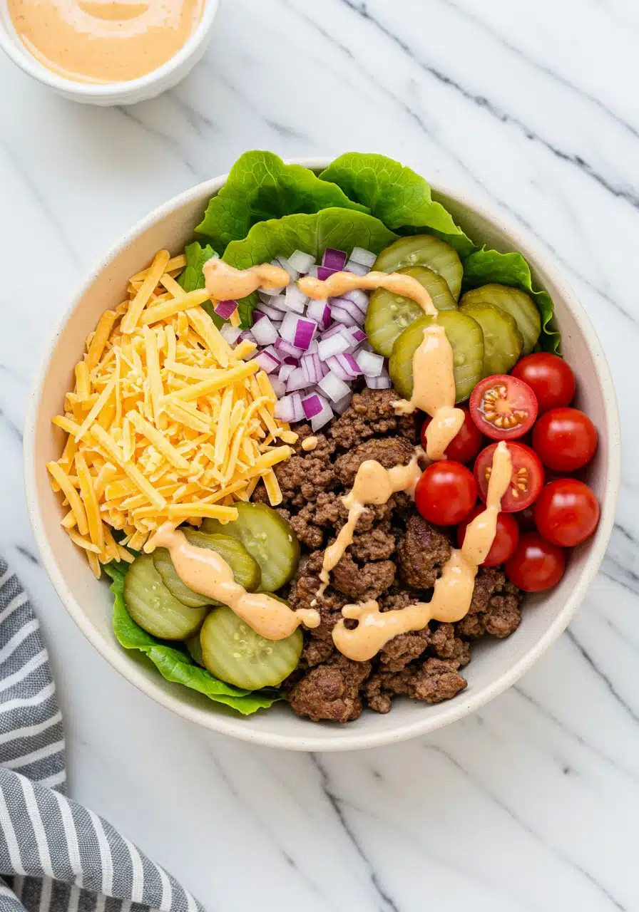 High-protein cheeseburger bowl on a white marble countertop, filled with lean ground beef, shredded cheddar