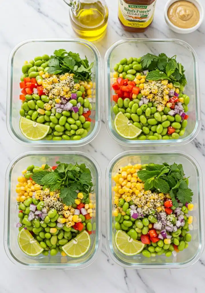 High-protein corn salad edamame meal prep containers on marble