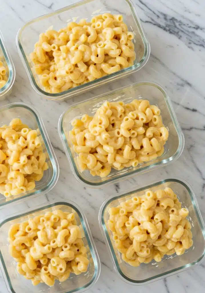High-protein cottage cheese mac and cheese stored in meal prep containers
