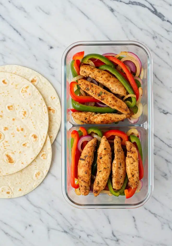 High-protein sheet pan fajitas in a glass meal prep container