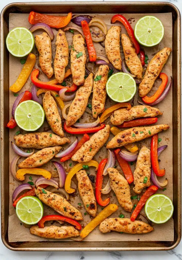 High-protein sheet pan fajitas meal prep served on a parchment-lined baking tray