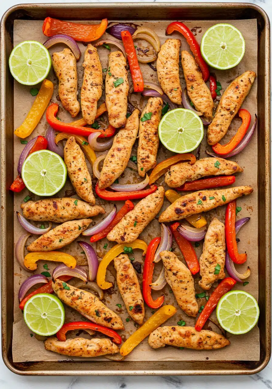 High-protein sheet pan fajitas meal prep served on a parchment-lined baking tray