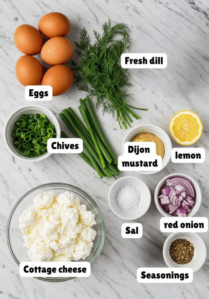 Ingredients for High-Protein Cottage Cheese Egg Salad laid out on countertop