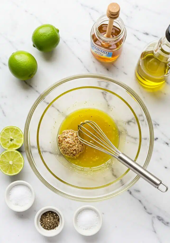 Lime vinaigrette dressing being whisked for corn salad edamame