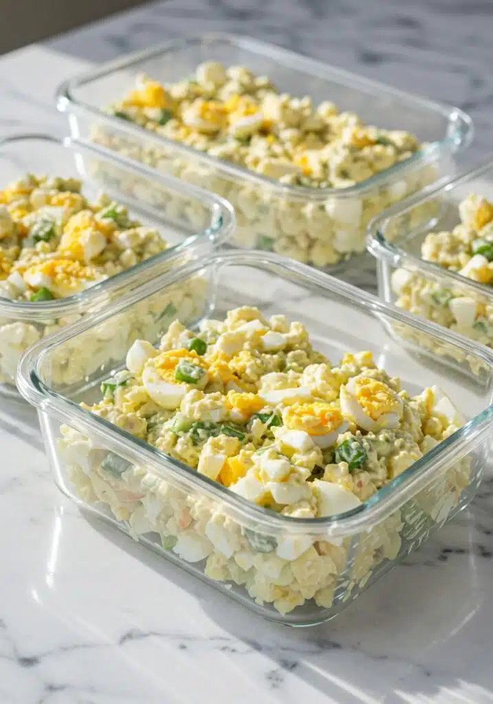 Meal prep containers with high-protein cottage cheese egg salad