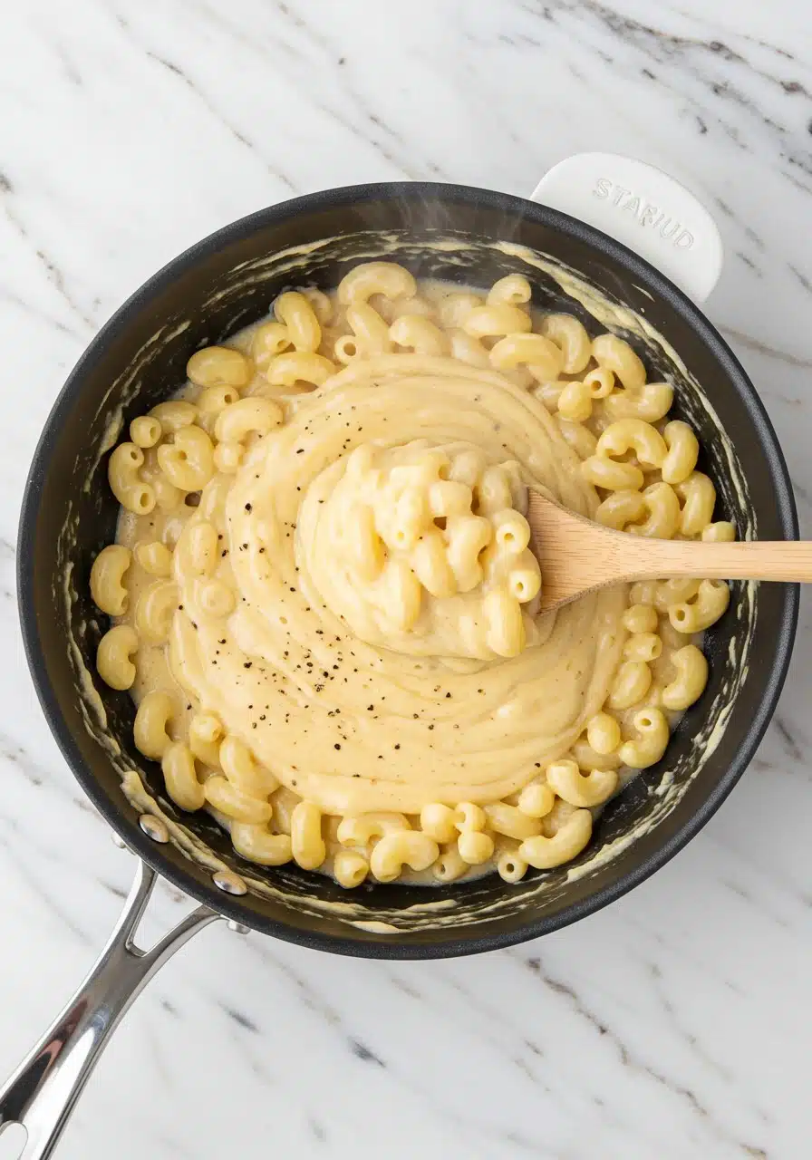 Mixing cooked pasta into cottage cheese mac and cheese sauce