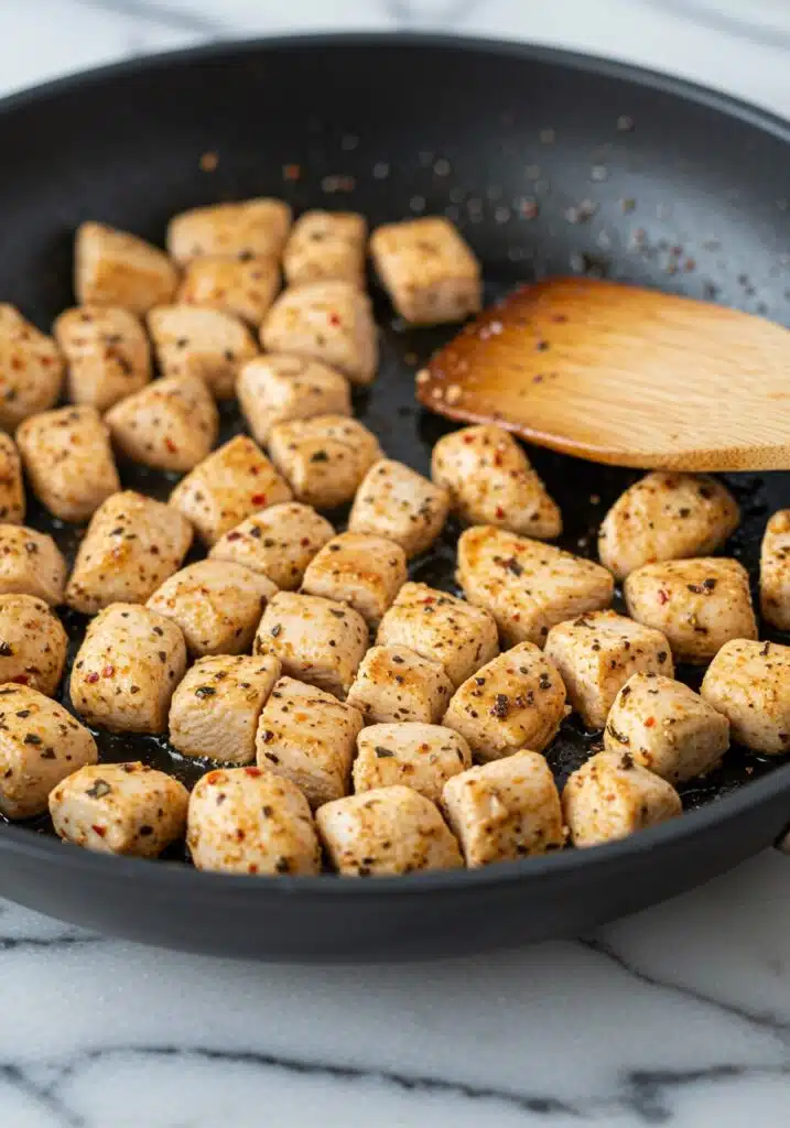 Side-angle shot of a nonstick skillet on a marble countertop with diced chicken breast sizzling