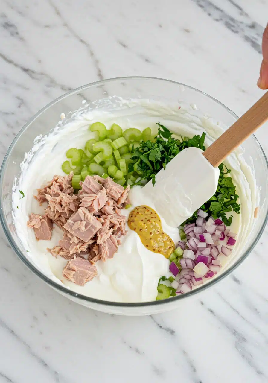 Side angle shot of tuna chunks, celery, and red onion being mixed into creamy Greek yogurt base