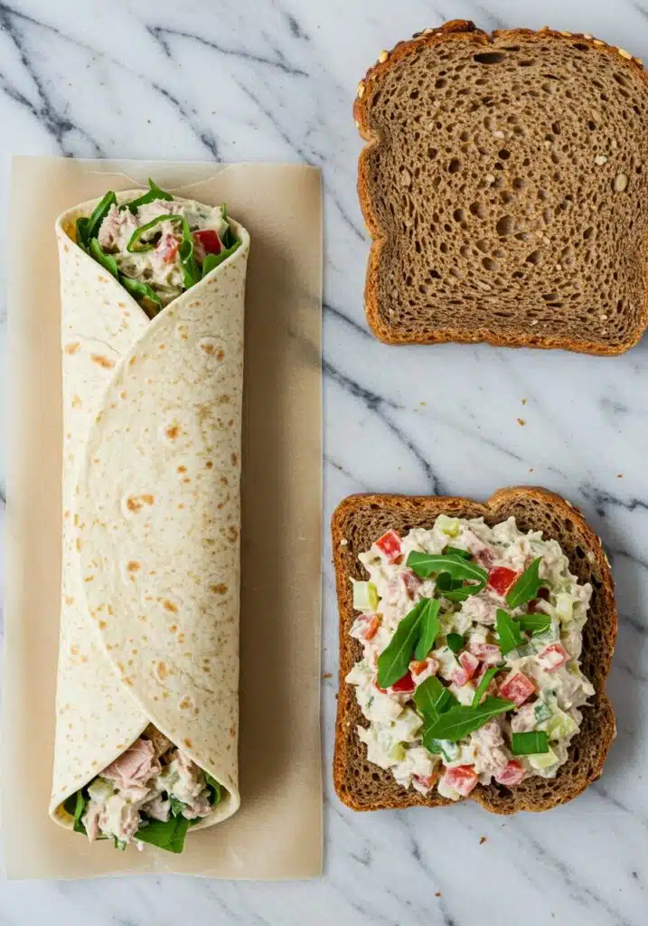 Thin tortilla wrap filled with high-protein tuna salad