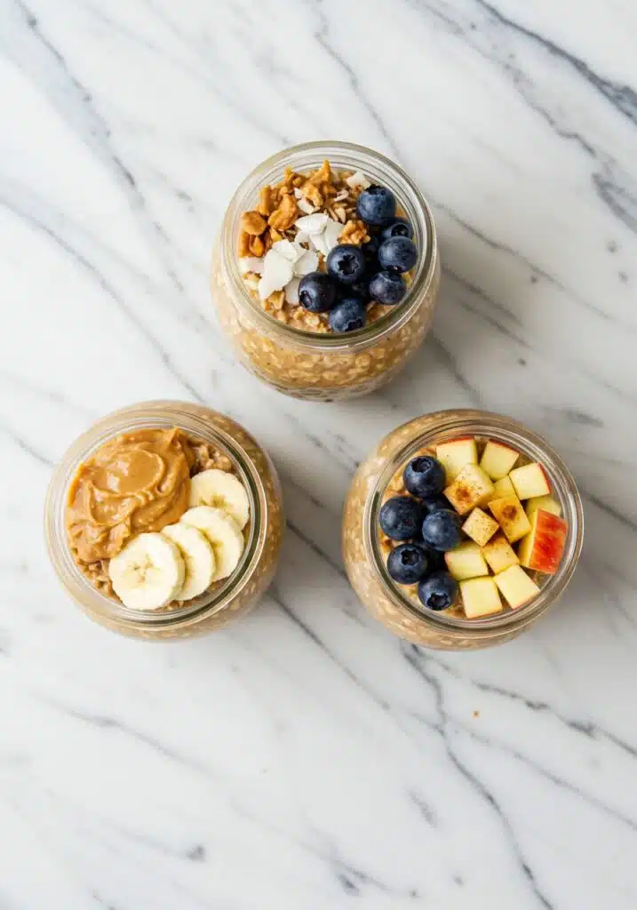 Three jars of high-protein overnight oats (no protein powder) showing different variations
