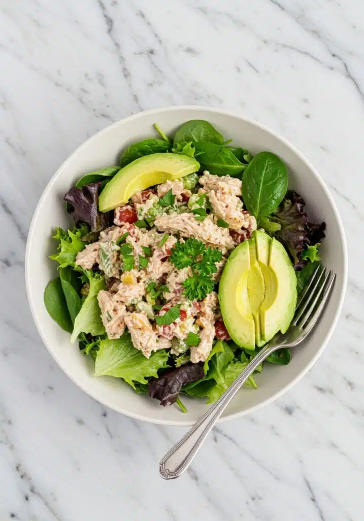 White shallow bowl on marble countertop filled with high protein chicken salad served over fresh mixed greens