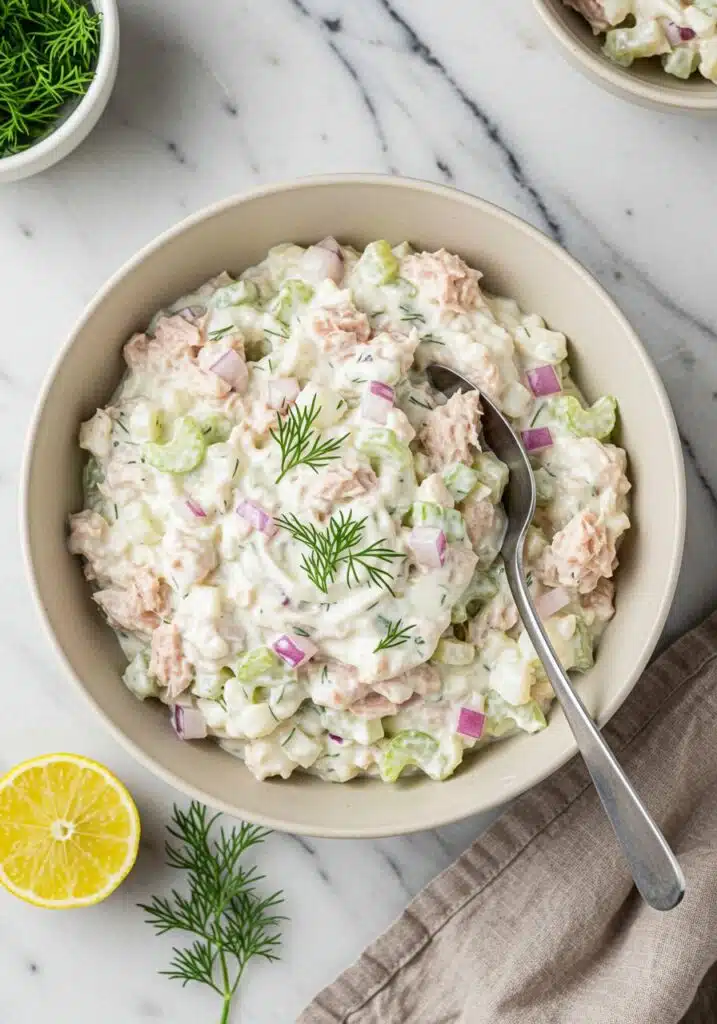 a bowl filled with creamy high-protein tuna salad