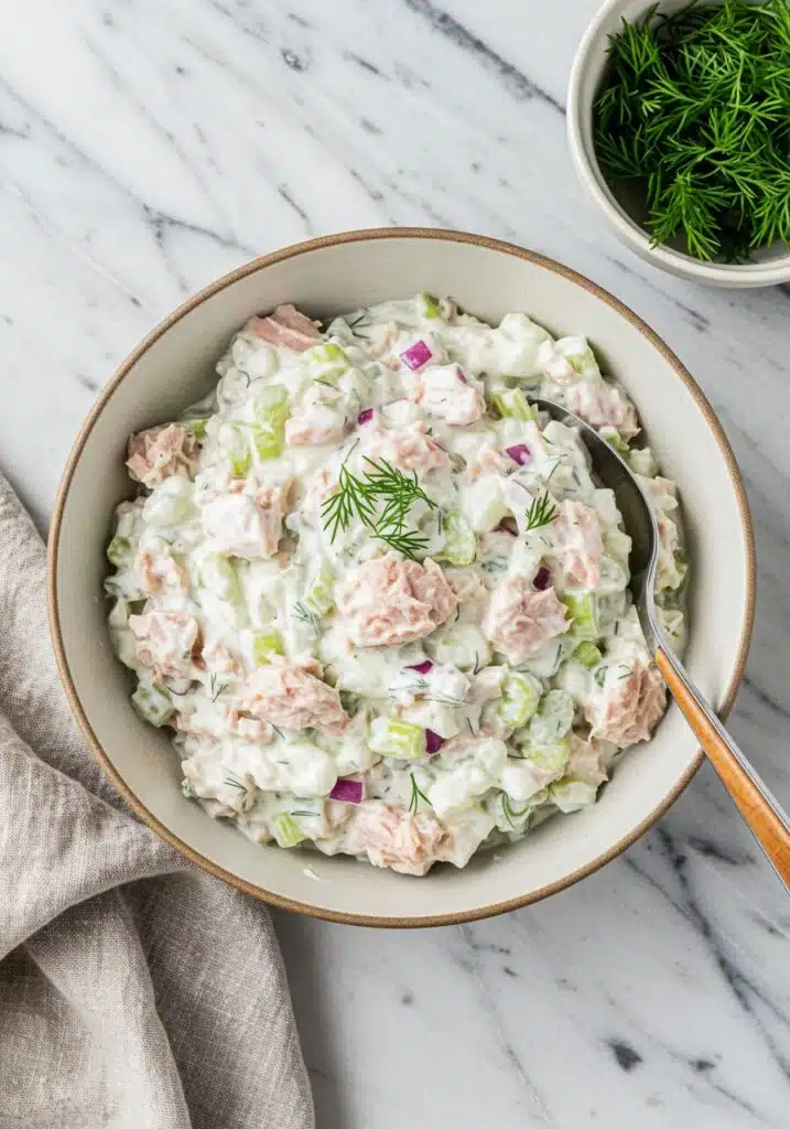 a bowl filled with creamy high-protein tuna salad (no mayo)