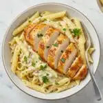 bowl filled with creamy Garlic Parmesan Chicken Pasta