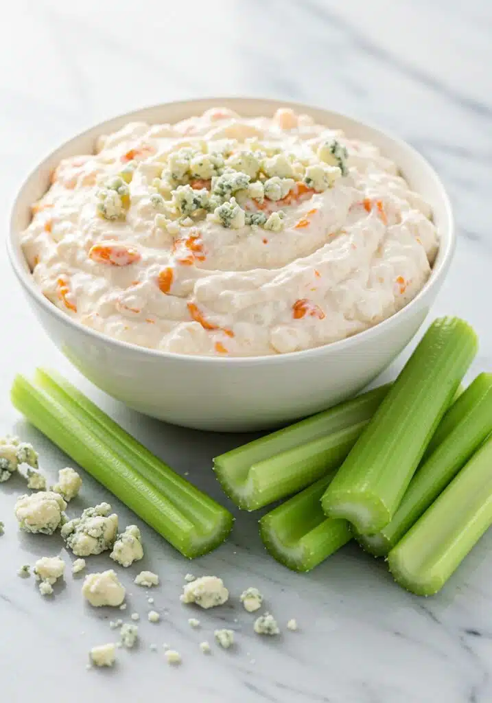 buffalo-style cottage cheese ranch dip with celery