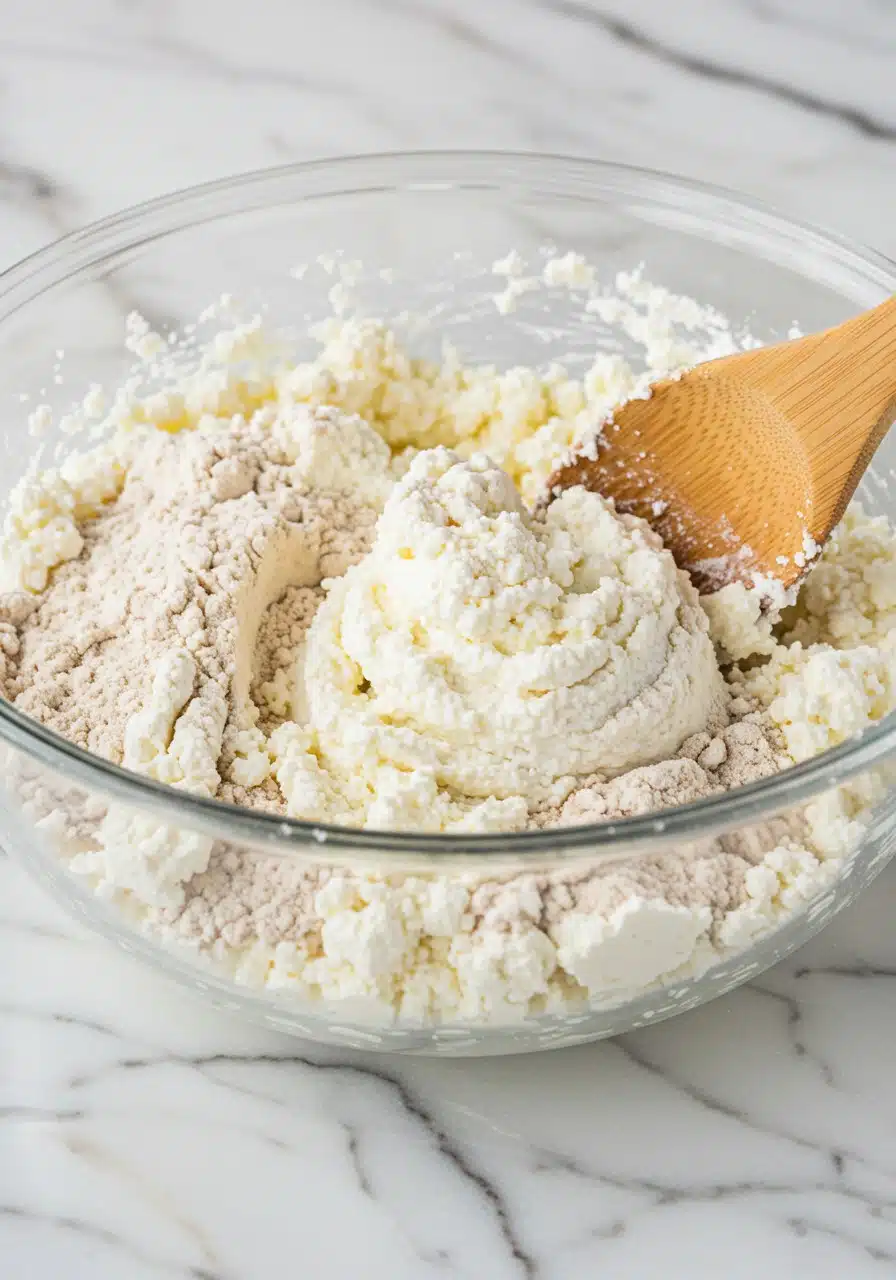 cottage cheese and flour being mixed in a glass bowl