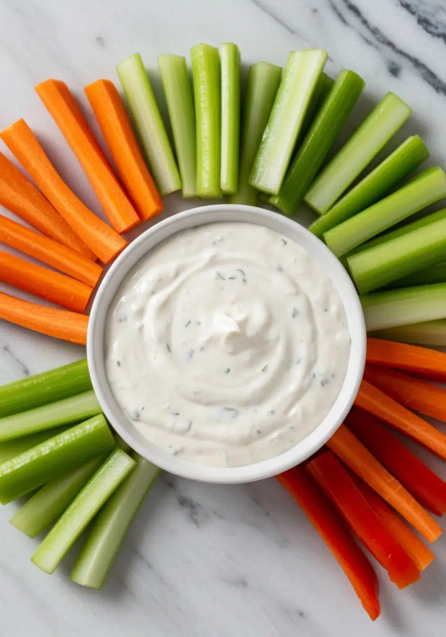 creamy high-protein cottage cheese ranch dip in bowl with veggies