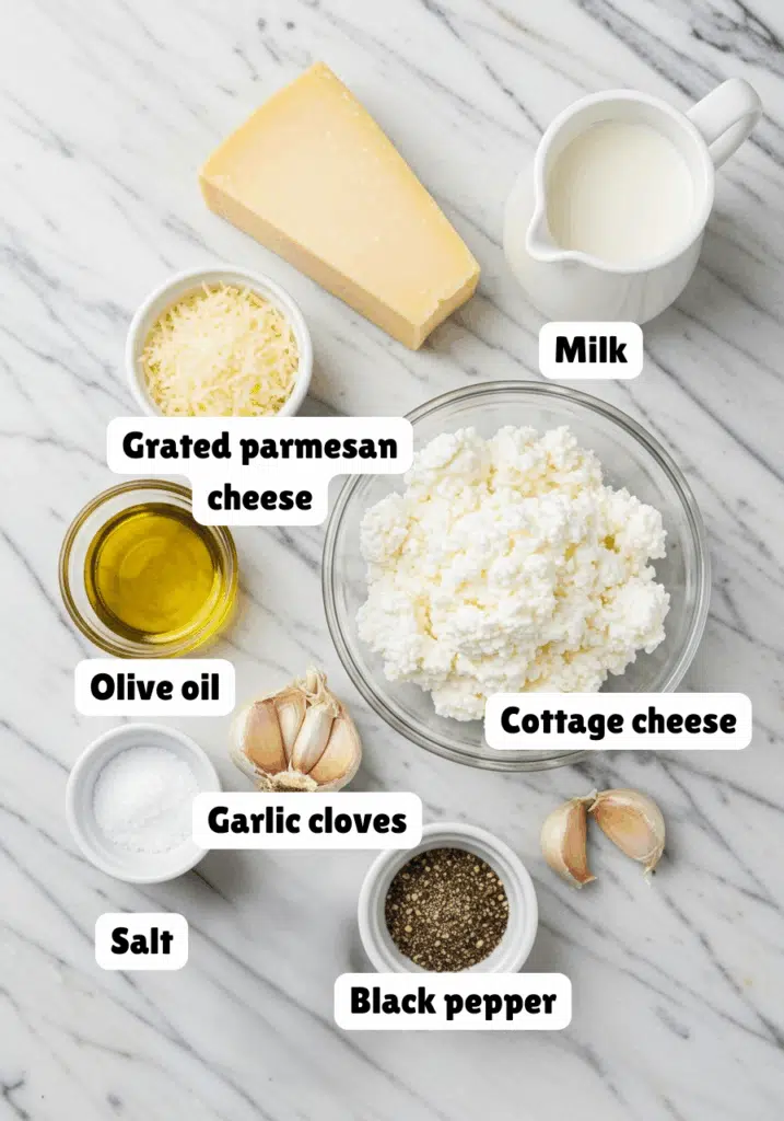 ingredients for cottage cheese Alfredo sauce neatly arranged on a marble countertop