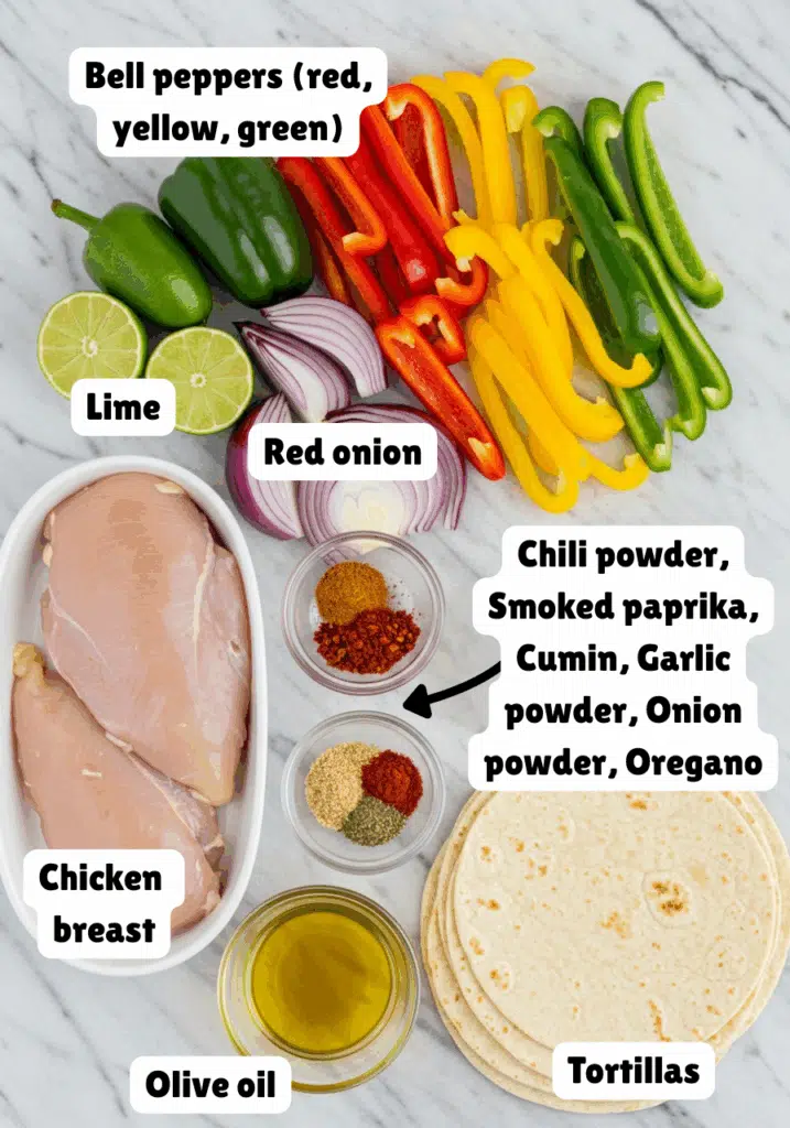 ingredients for high-protein sheet pan fajitas meal prep neatly arranged on a marble countertop