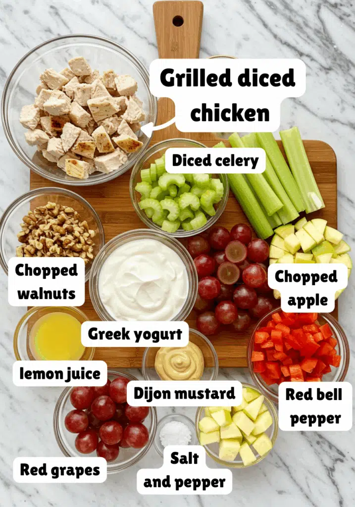 ingredients neatly arranged on a marble countertop. Include cooked diced chicken breast, plain Greek yogurt, diced celery, halved red grapes