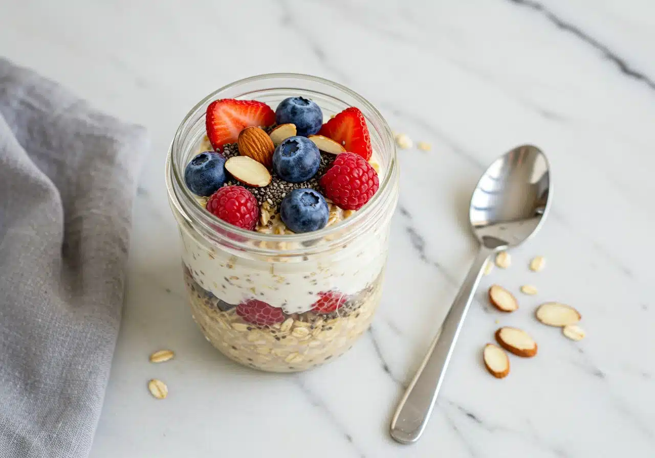 jar of high-protein overnight oats (no protein powder)