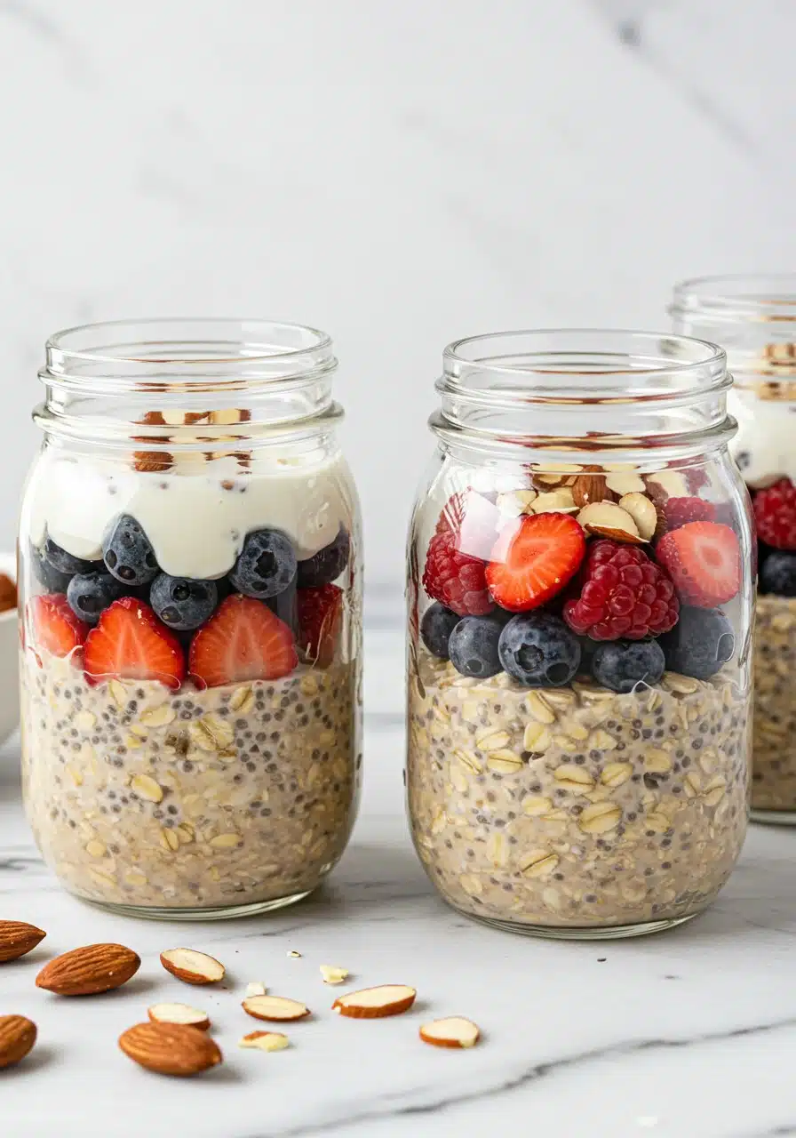 mason jars being layered with high-protein overnight oats (no protein powder)