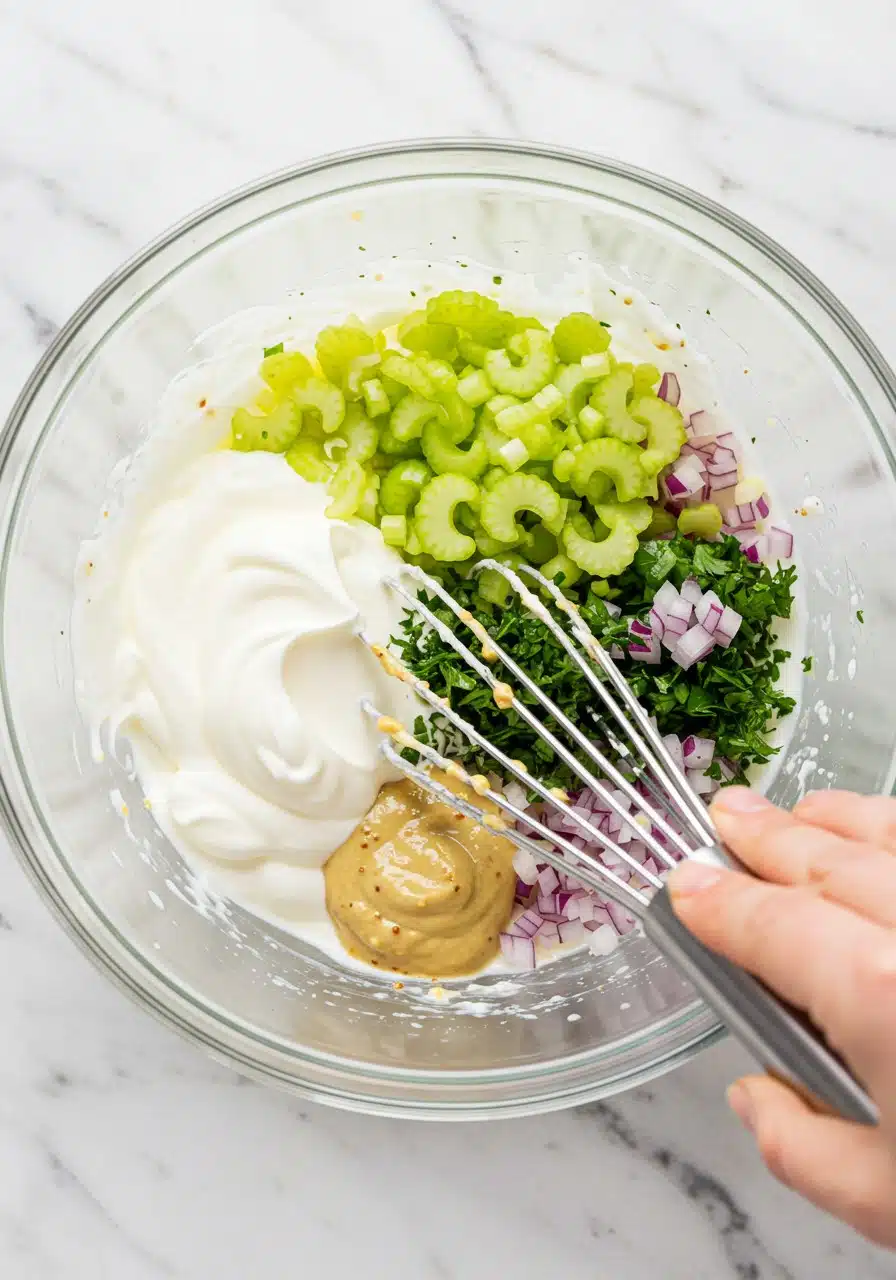 mixing bowl with Greek yogurt, lemon juice, Dijon mustard, and chopped herbs being whisked together