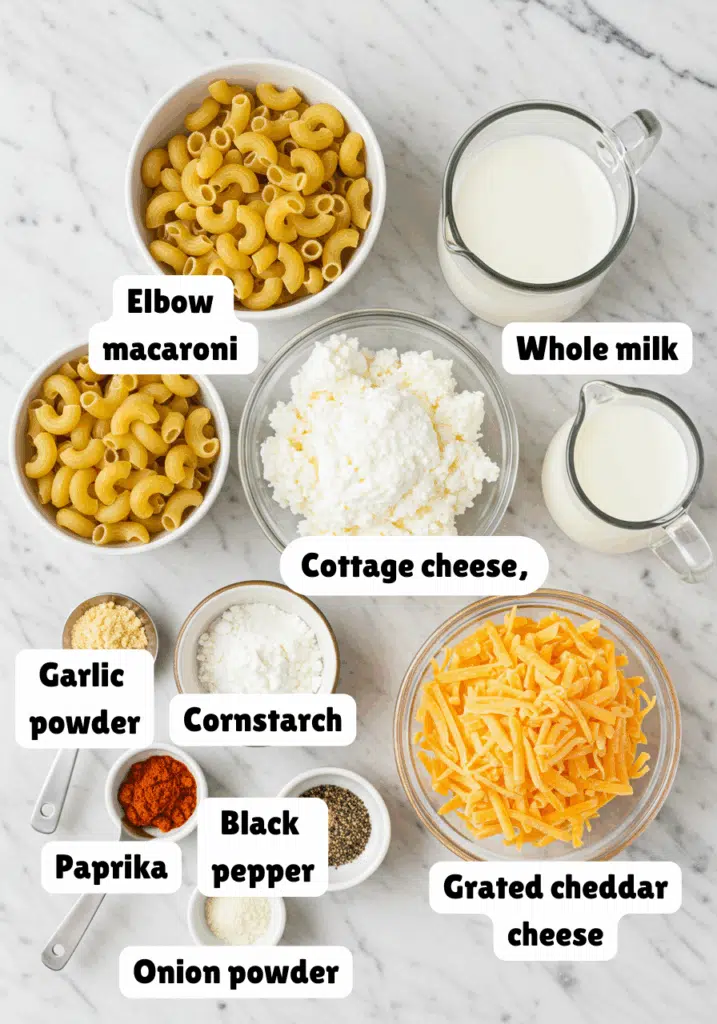 ngredients for high-protein cottage cheese mac and cheese on marble countertop