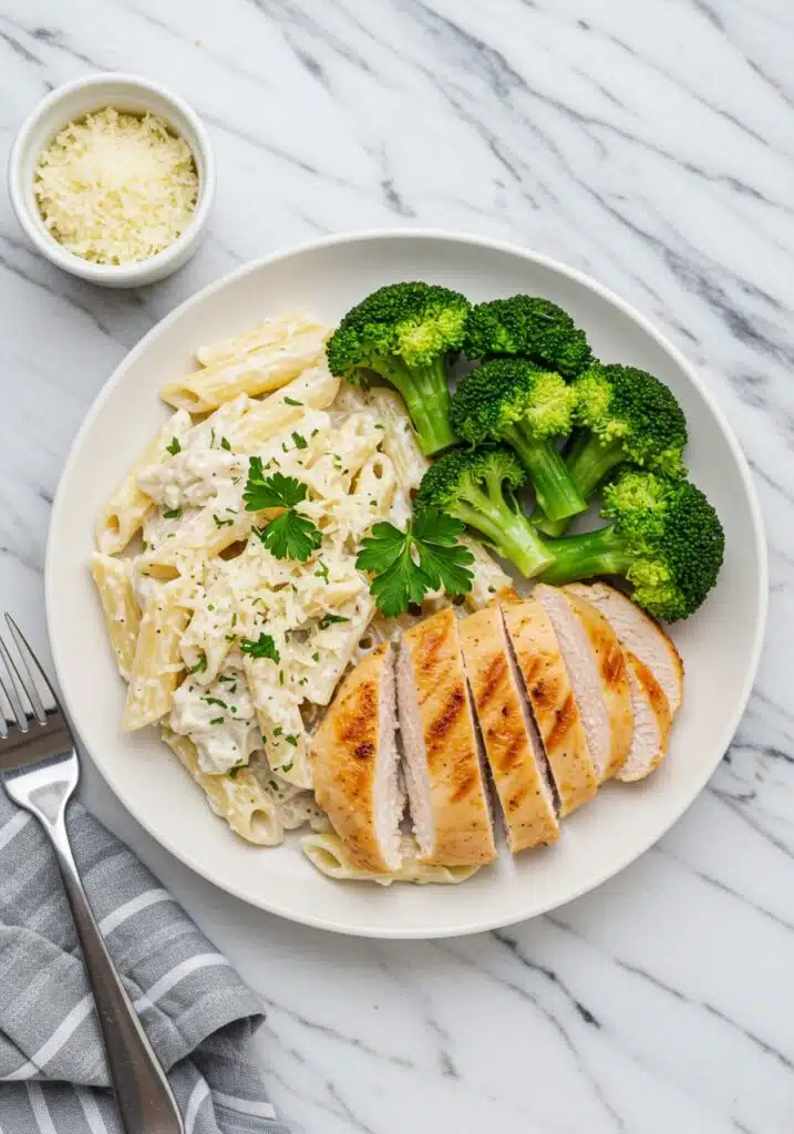 portion creamy cottage cheese Alfredo pasta with grilled chicken breast