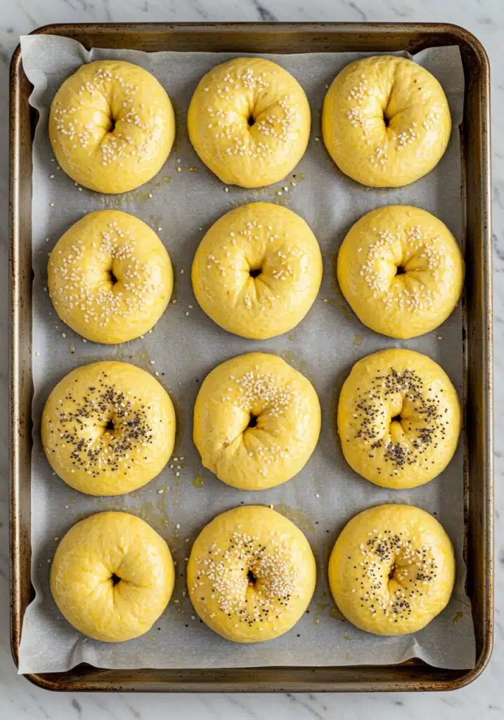 raw dough shaped into bagels on a parchment-lined baking sheet
