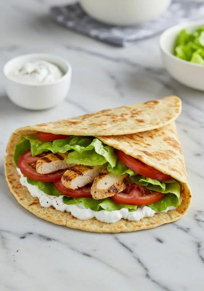 serving ideas for Cottage Cheese Flatbread wrap with grilled chicken and veggies