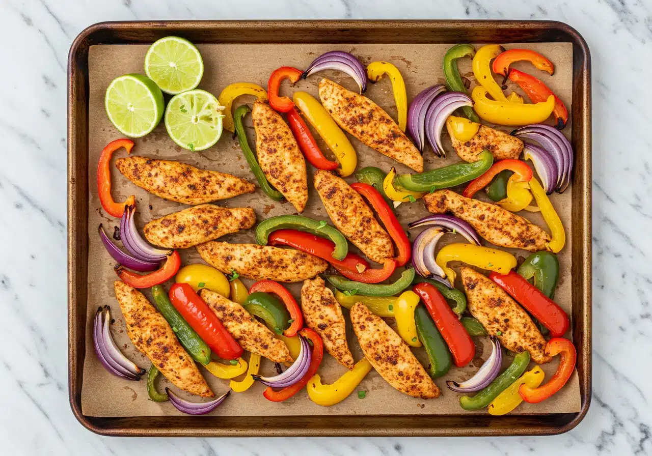 sheet pan fajitas meal prep served on a parchment-lined baking tray