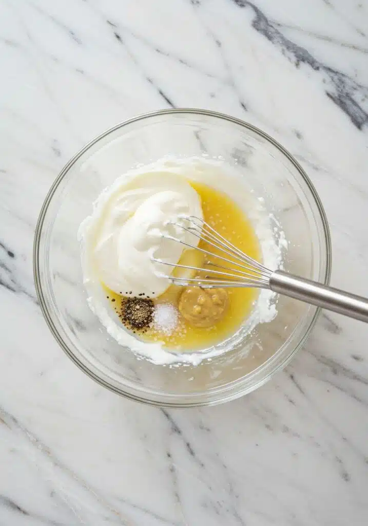 small glass mixing bowl on marble countertop. Inside Greek yogurt, Dijon mustard, lemon juice, salt, and pepper being whisked