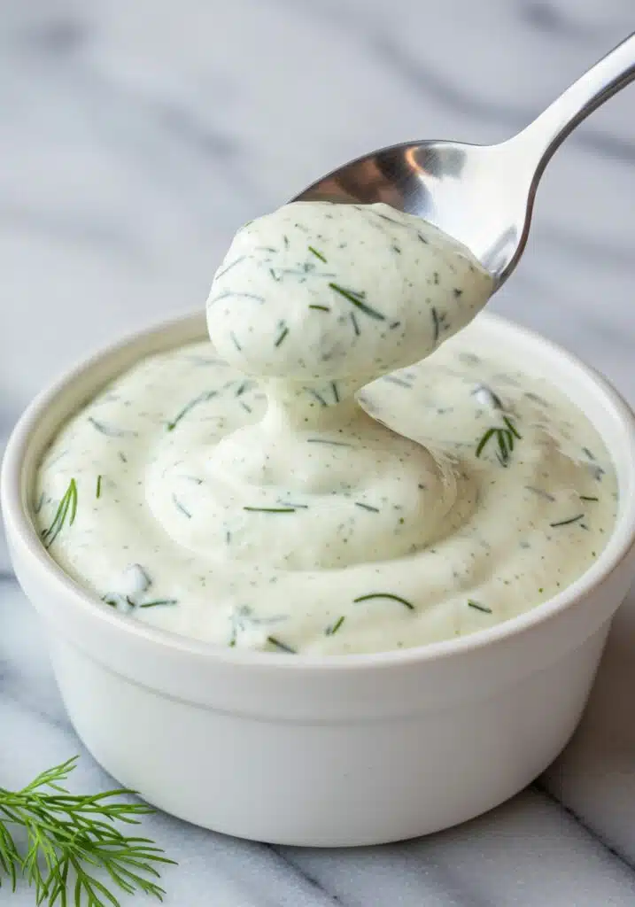 spoon scooping creamy cottage cheese ranch dip