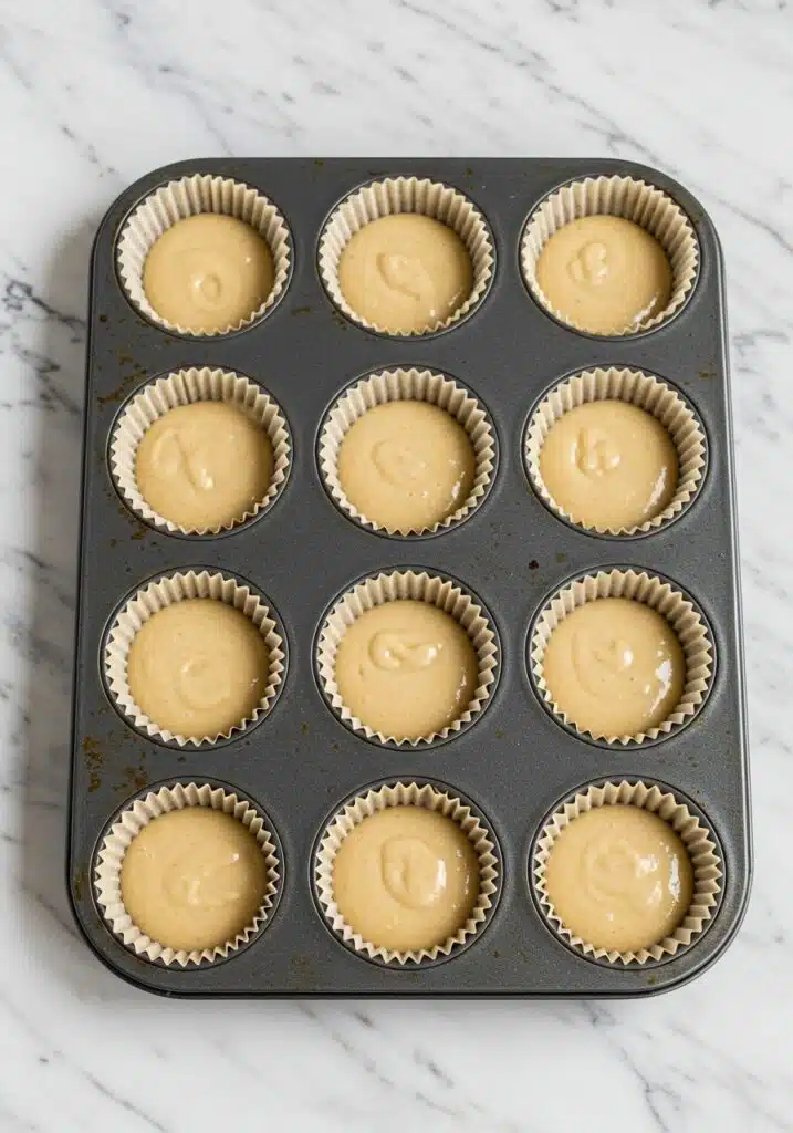 A 12-cup muffin tin filled with batter in parchment liners