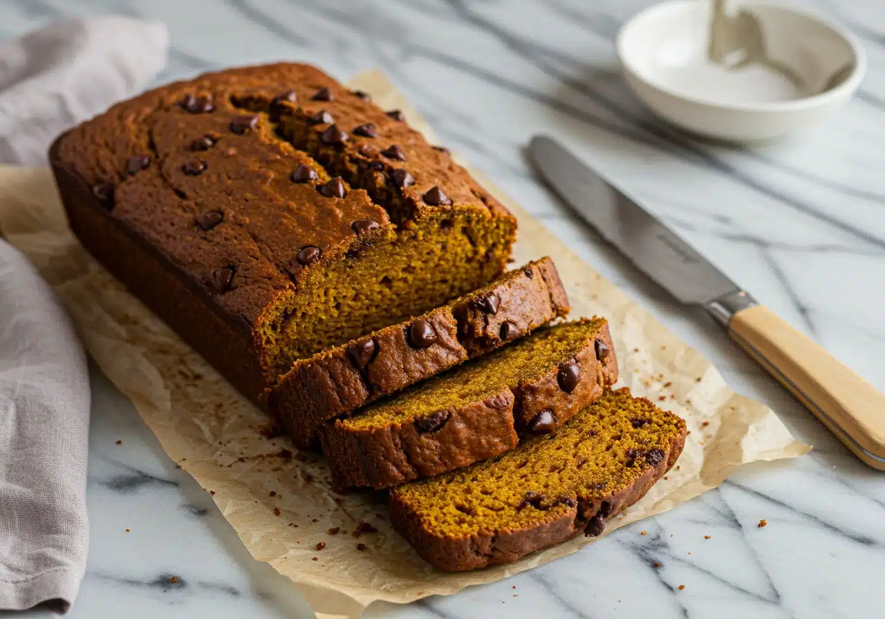 A baked protein pumpkin bread loaf, golden brown with dark chocolate chips melted on top