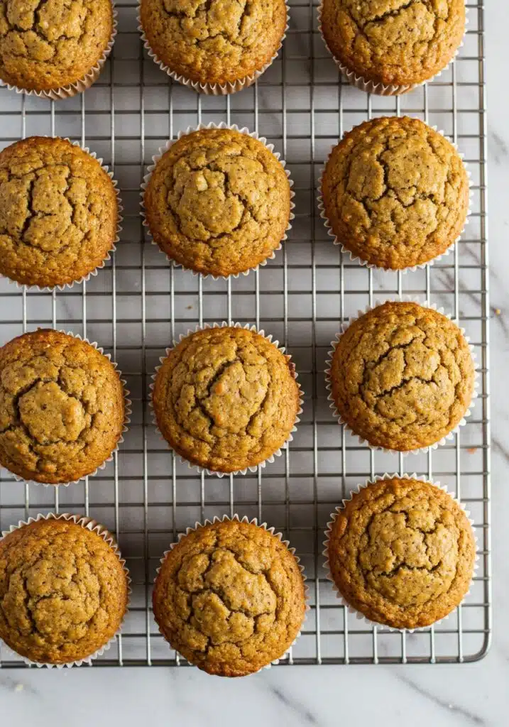 A batch of freshly baked Kodiak protein muffins on a cooling rack, golden brown tops