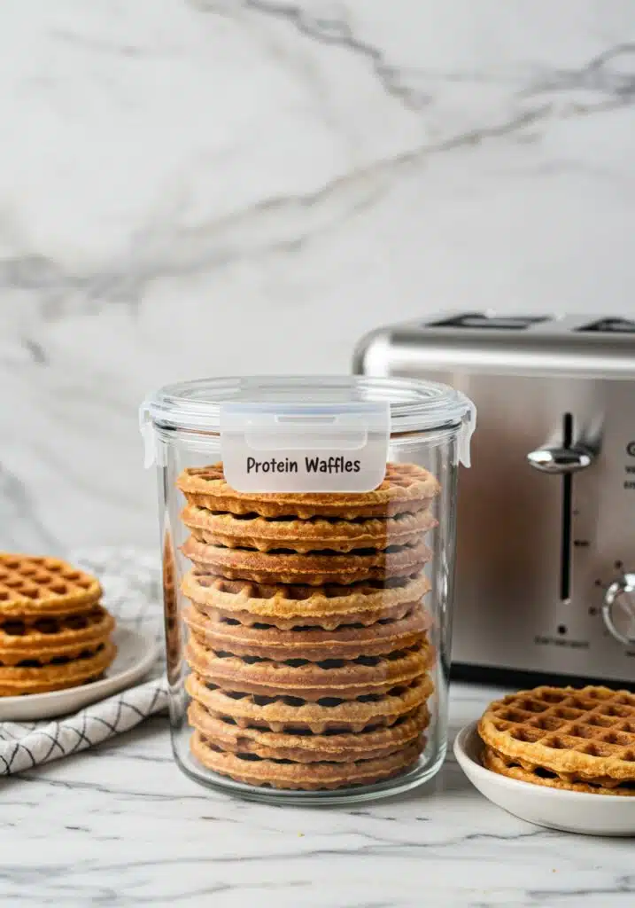 protein waffle torn in half, showing the airy, fluffy inside with crispy golden edges