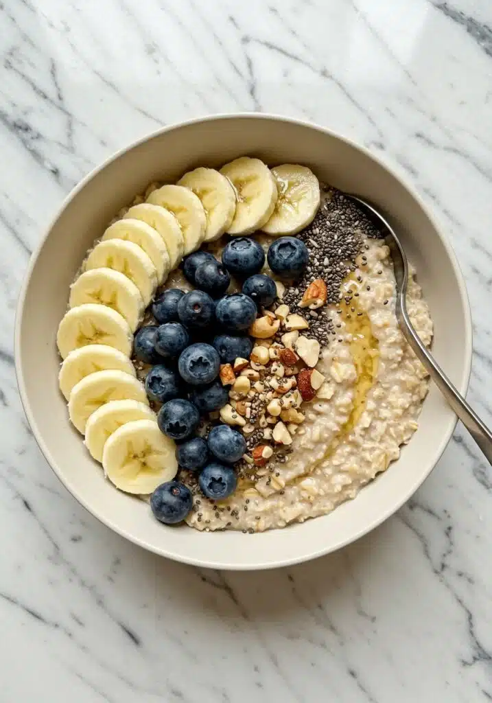 A bowl of creamy high-protein oatmeal on a marble countertop, topped with sliced banana, blueberries