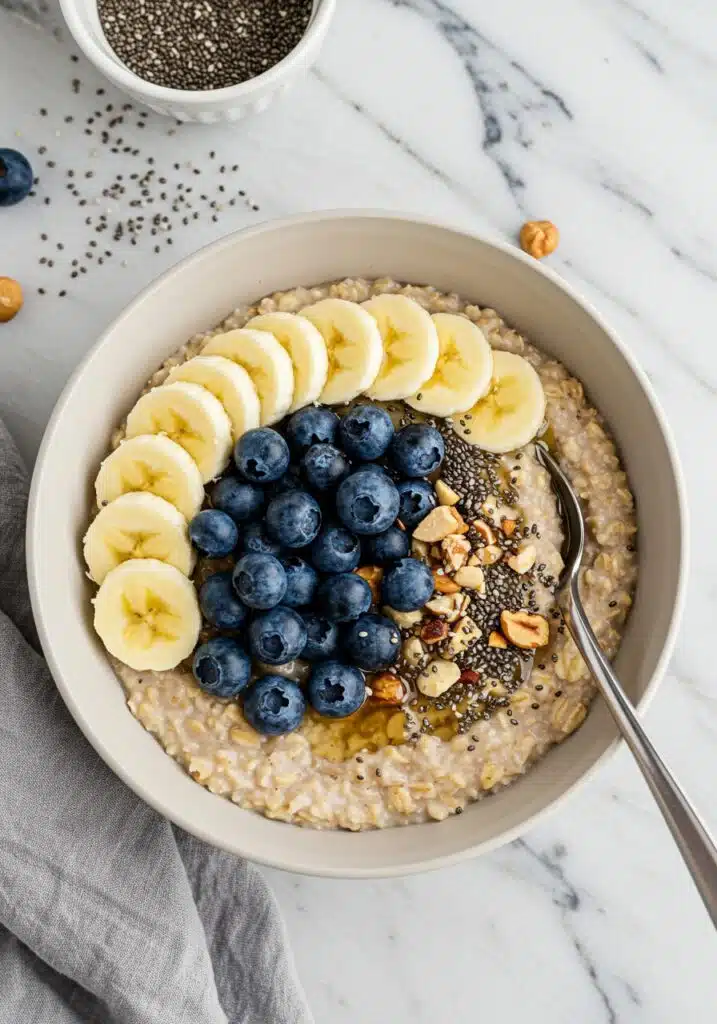 A bowl of creamy high-protein oatmeal on a marble countertop, topped with sliced banana, blueberries, a drizzle of honey