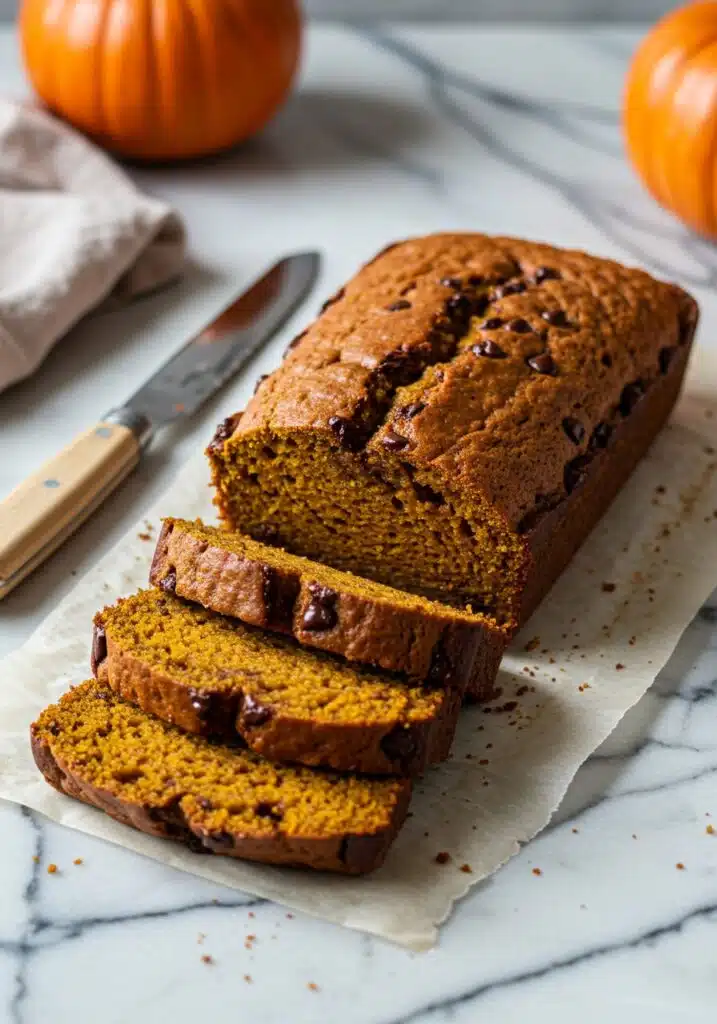 A freshly baked protein pumpkin bread loaf, golden brown with dark chocolate chips