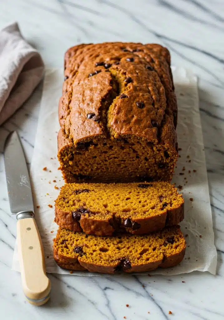 A freshly baked protein pumpkin bread loaf, golden brown with dark chocolate chips melted on top