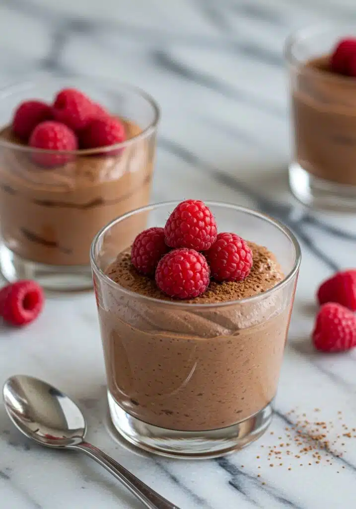 A glass dessert cup filled with creamy cottage cheese chocolate mousse, topped with fresh raspberries and a sprinkle of cocoa powder