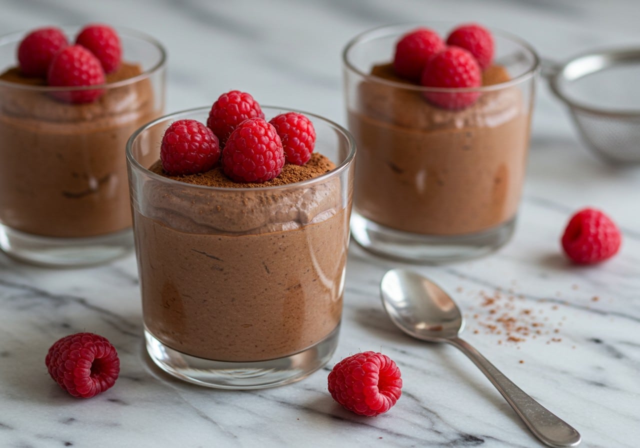 A glass dessert cup filled with creamy cottage cheese chocolate mousse