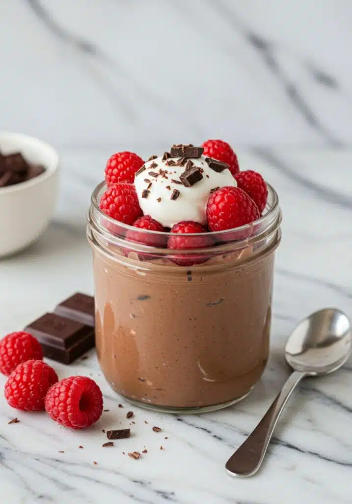 A glass dessert jar filled with creamy chocolate protein pudding, topped with fresh raspberries