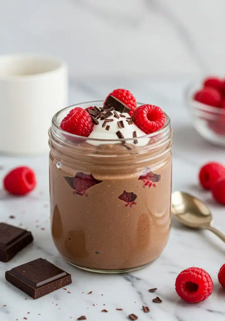 A glass dessert jar filled with creamy chocolate protein pudding, topped with fresh raspberries, shaved dark chocolate