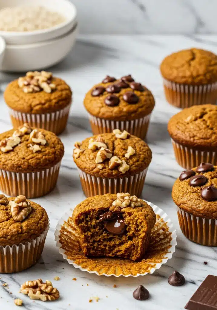 A group of high protein pumpkin muffins with different add-ins displayed on a marble countertop