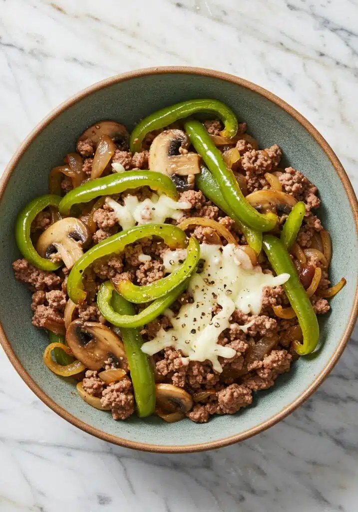 A high-protein Philly cheesesteak bowl on a marble