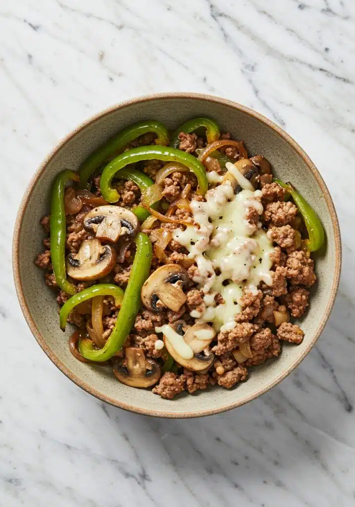 A high-protein Philly cheesesteak bowl on a marble countertop, colorful sautéed bell peppers, onions, mushrooms