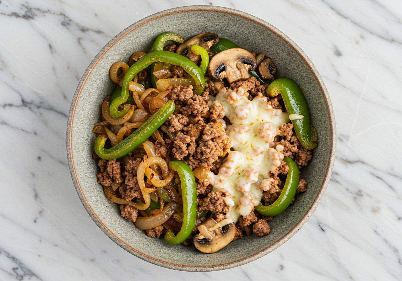 A high-protein Philly cheesesteak bowl recipe on a marble countertop